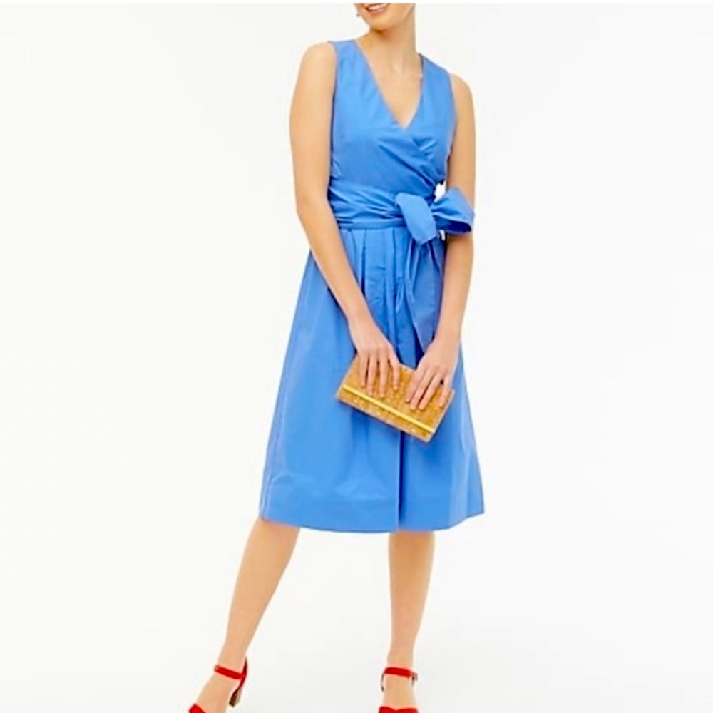 J. Crew Faux Wrap Sundress 100% Cotton Poplin Blue fully lined sleeveless Size 0